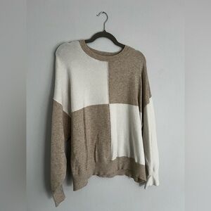 Poof Apparel Tan and Cream Sweater Blocked Neutral Fall Core Cardigan Checkered